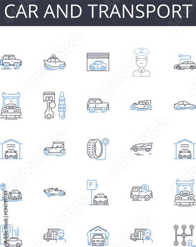Car and transport line icons collection. Automobile, Vehicle, Truck, Van, Bus, Bike, Motorcycle vector and linear illustration. Scooter,Trailer,Camper outline signs set
