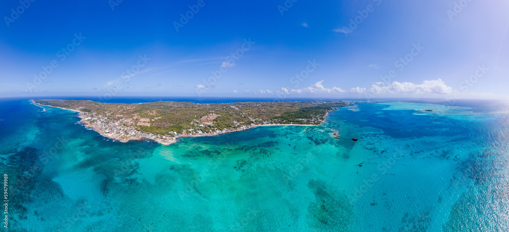 aerial panorama of San Andres islands, department of Colombia with blue sea and coral reef
