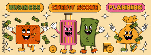 Set of money groovy characters in retro color palette. Vector graphics in y2k style.