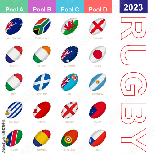 Flags of the nations participating in Rugby 2023. 20 flags in the style of a Rugby ball.