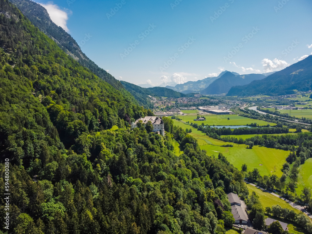 Aerial view Tratzberg castle in Stans, Tirol. Austria by drone. Alps mountains. River Inn.