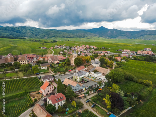 Aerial vIew by drone. Summer. France, Alsace. town.