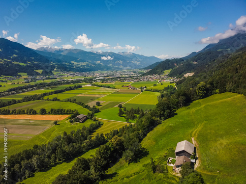 Aerial view Tratzberg castle in Stans, Tirol. Austria by drone. Alps mountains. River Inn. photo