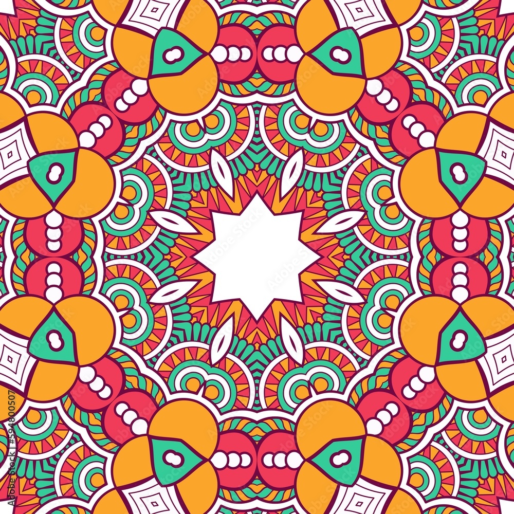 Naklejka premium Abstract Pattern Mandala Flowers Plant Art Colorful Red Green Yellow 618