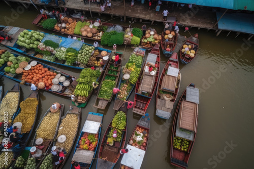 Aerial view famous floating market in Thailand, Damnoen Saduak floating market, Farmer go to sell organic product, fruit, vegetable and Thai cuisine, Tourists visiting by boat, Ratchaburi, Thailand © Kateryna