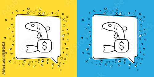 Set line Price tag for fish icon isolated on yellow and blue background. Vector