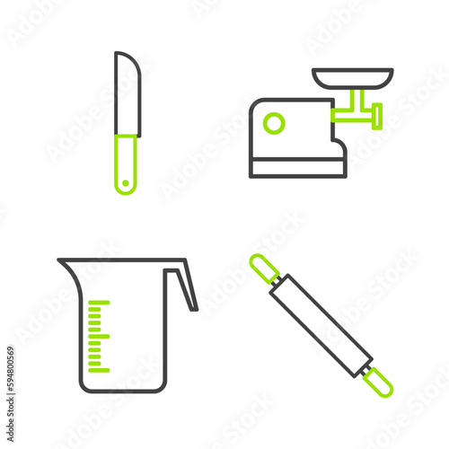 Set line Rolling pin, Measuring cup, Kitchen meat grinder and Knife icon. Vector