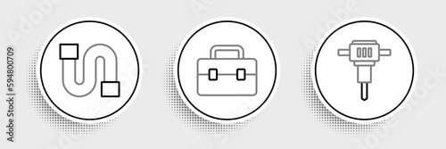 Set line Construction jackhammer, Industry pipe and Toolbox icon. Vector