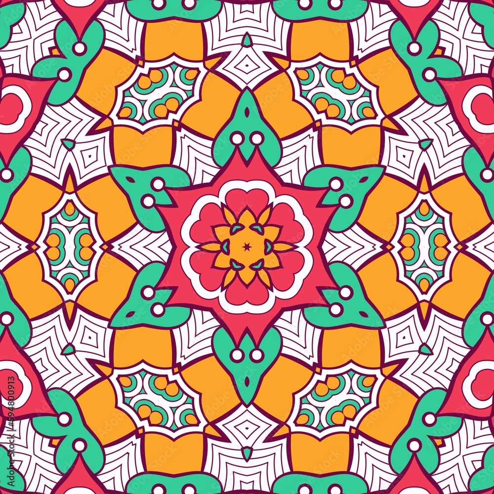 Abstract Pattern Mandala Flowers Plant Art Colorful Red Green Yellow 517