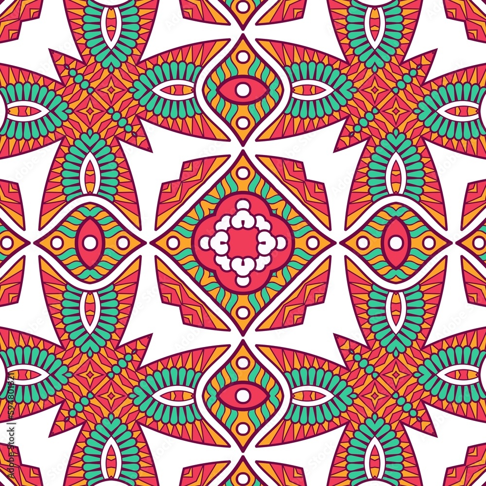 Abstract Pattern Mandala Flowers Plant Art Colorful Red Green Yellow 416