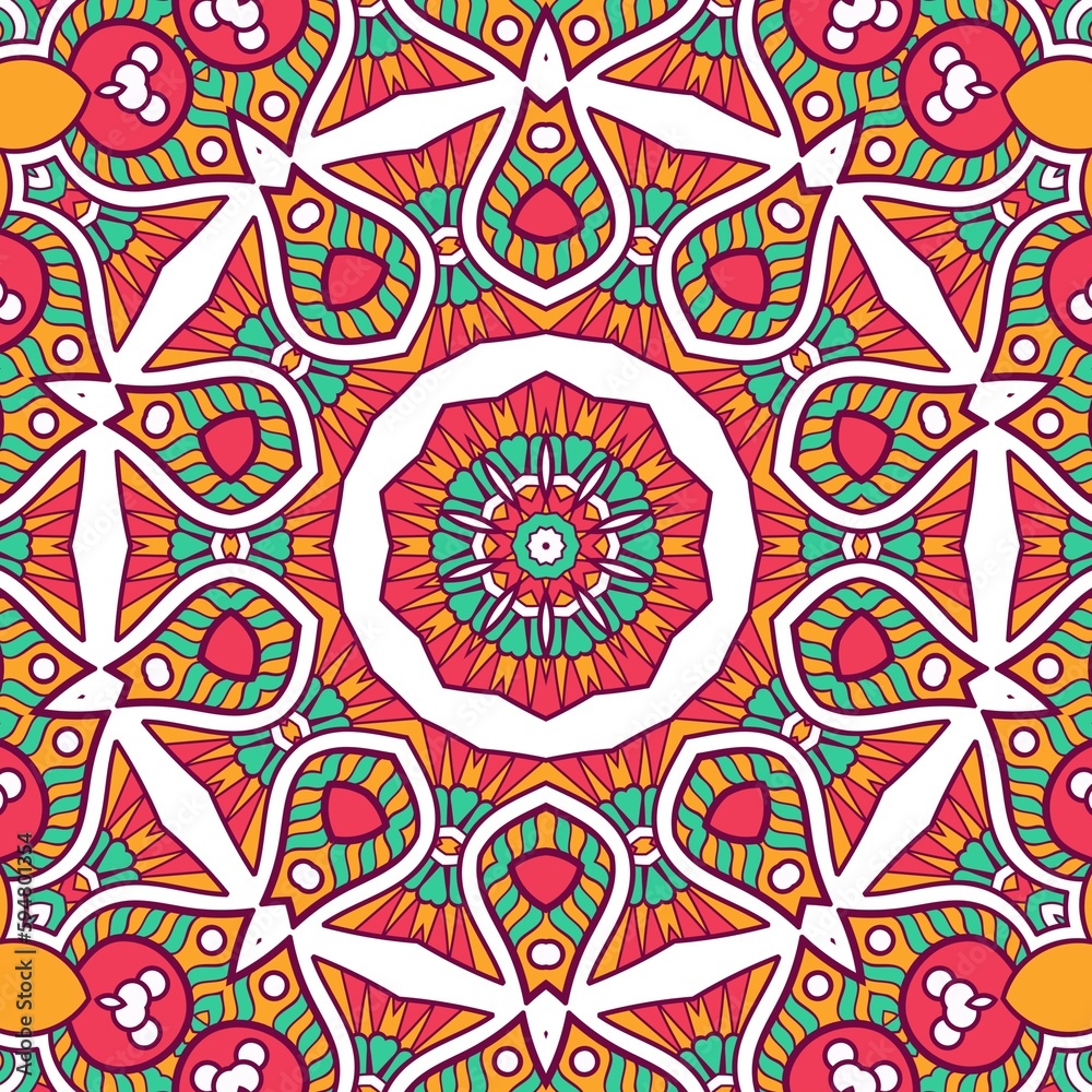 Abstract Pattern Mandala Flowers Plant Art Colorful Red Green Yellow 407