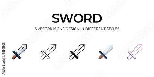 Sword Icon Design in Five style with Editable Stroke. Line, Solid, Flat Line, Duo Tone Color, and Color Gradient Line. Suitable for Web Page, Mobile App, UI, UX and GUI design.