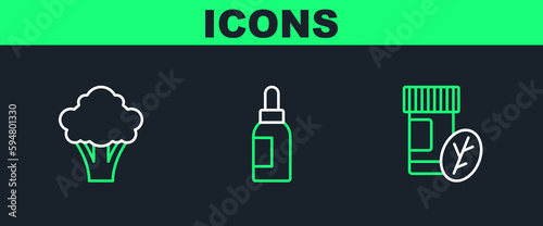 Set line Vitamin pill, Broccoli and Essential oil bottle icon. Vector