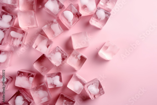 Ice cubes on pink background, Cubes of ice on a light pink background, Flat lay, top view, with copy space and field for text