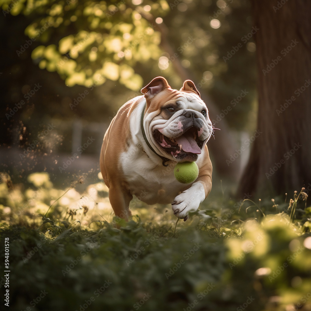 A playful and energetic bulldog running and jumping in a lush green park on a bright and sunny day