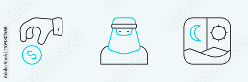 Set line Ramadan fasting, Donate or pay your zakat and Muslim woman niqab icon. Vector