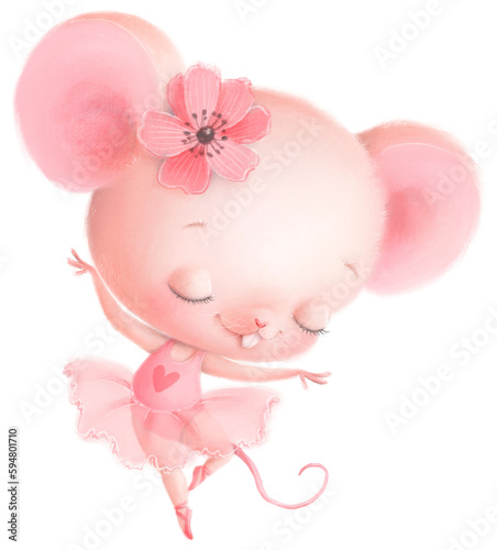 Illustration of a cute cartoon ballerina mouse. Cute animals. Ballet animals. Transparent background, png