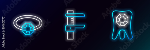 Set line Tooth with diamond, Diamond engagement ring and Calliper or caliper and scale icon. Glowing neon. Vector