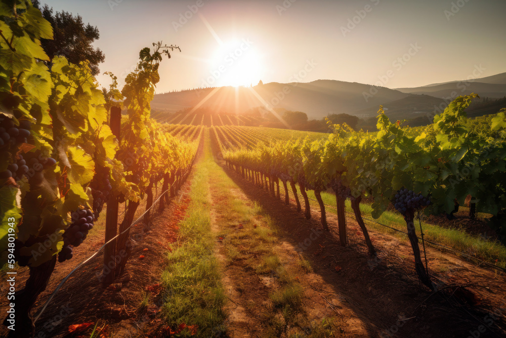 grape plantation landscape. A bunch of grapes are a vine in a vineyard at sunset. fruits in the garden. ai generative.