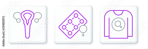 Set line Feminist shirt, Female reproductive system and Packaging of birth control pills icon. Vector