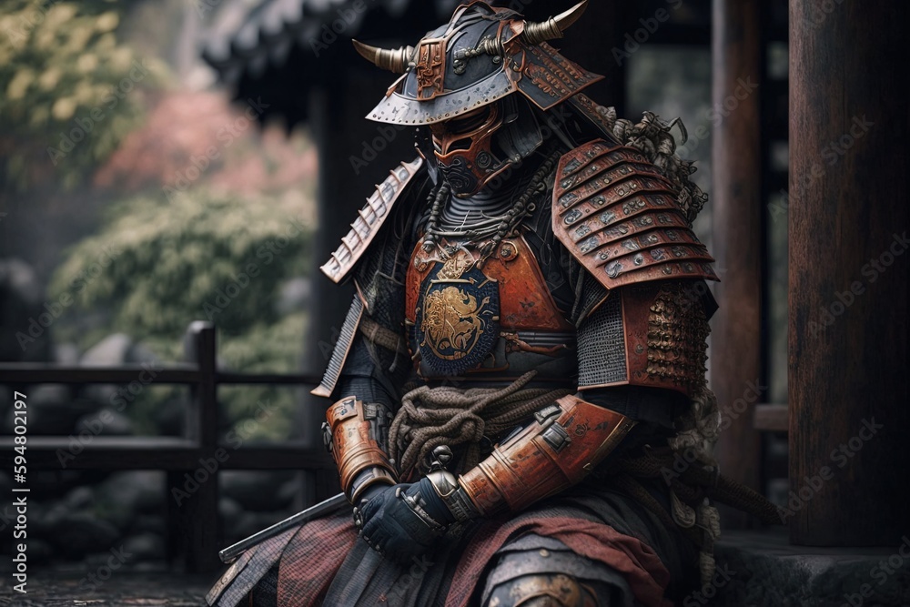 a man dressed in armor sitting on the ground Generative AI