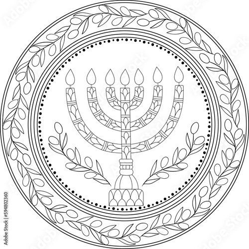 Jewish menorah in olive branches round frame. Black on transparent Judaism religious illustration.