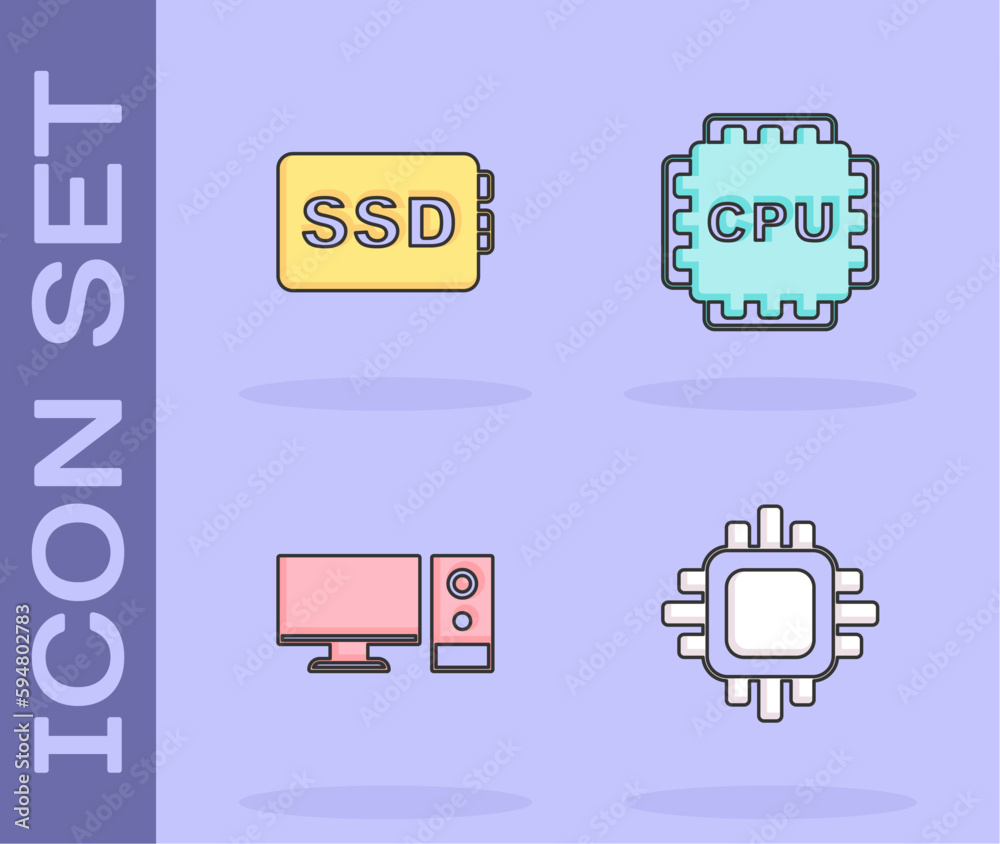 Set Processor with CPU, SSD card, Computer monitor and icon. Vector