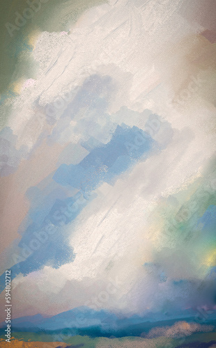 Modern, Impressionistic Cloudscape in Blue, Orange & Green - Digital Painting, Illustration, Art, Artwork Background, Backdrop, or Wallpaper