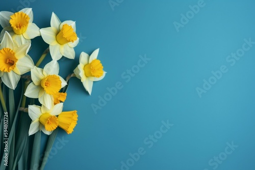 Daffodil flowers on  blue background. Concept of St. David's Day. World Daffodil Day. Generative AI