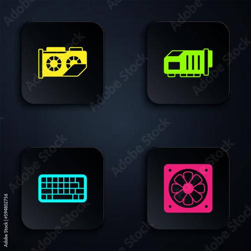 Set Computer cooler, Video graphic card, Keyboard and . Black square button. Vector