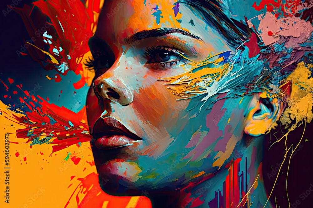 a illustration of a woman's face with colorful paint splatters Generative AI
