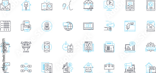 Marketing advertising linear icons set. Promotion, Branding, Campaign, Social Media, Audience, SEO, Sales line vector and concept signs. Analytics,Engagement,Content outline illustrations