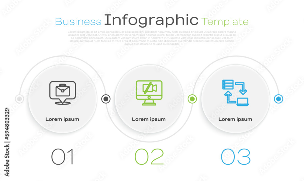 Set line Online working, Video camera Off on computer and . Business infographic template. Vector