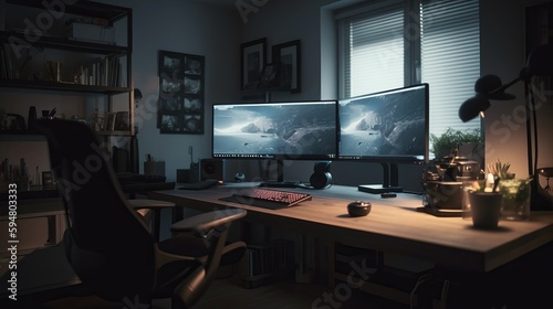 Home office workplace interior. Table and monitors. Modern space. AI generated