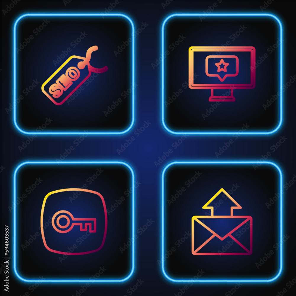 Set line Mail and e-mail, Key, SEO optimization and Monitor with star. Gradient color icons. Vector Set line Mail and e-mail, Key, SEO optimization and Monitor with star. Gradient color icons. Vector