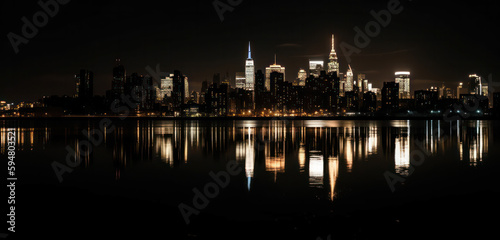 night cityscape in the distance with bright lighting over the water. reflection in the water. Generative AI