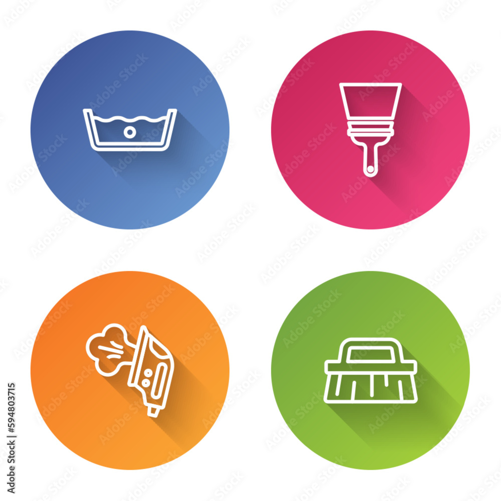 Set line Temperature wash, Rubber cleaner for windows, Electric iron and Brush cleaning. Color circle button. Vector Set line Temperature wash, Rubber cleaner for windows, Electric iron and Brush cleaning. Color circle button. Vector