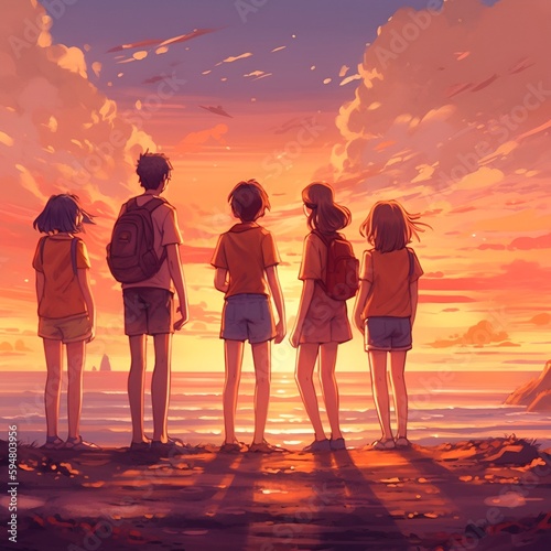 Friends standing on top on a cliff and enjoy the coulerful sunset. Looking down to the beach. Ai generated photo