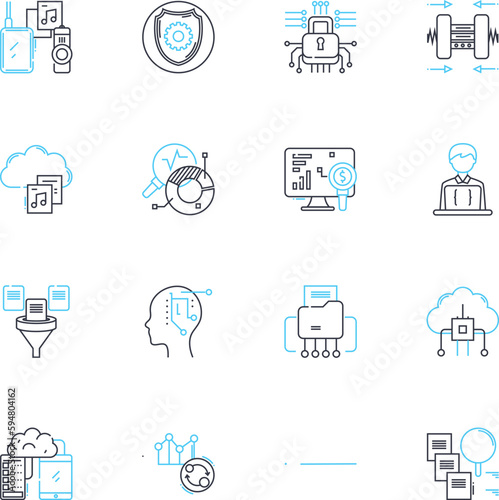 Huge information linear icons set. Insights, Analytics, Big data, Intelligence, Data mining, Volume, Variety line vector and concept signs. Velocity,Aggregation,Scalability outline illustrations
