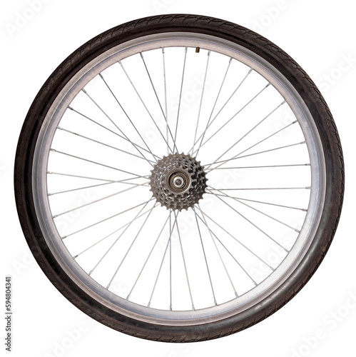 Bicycle wheel with freewheel rear sprocket on isolated background. photo