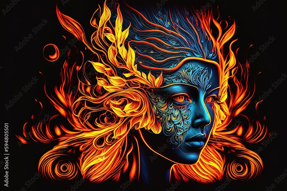 a woman's face with fire and flames painted on it Generative AI