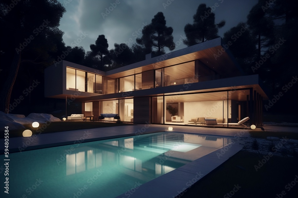Elegant and serene villa with pool illuminated by sophisticated lighting design, Created using generative AI.
