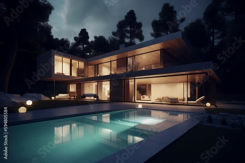 Elegant and serene villa with pool illuminated by sophisticated lighting design, Created using generative AI.  © Max