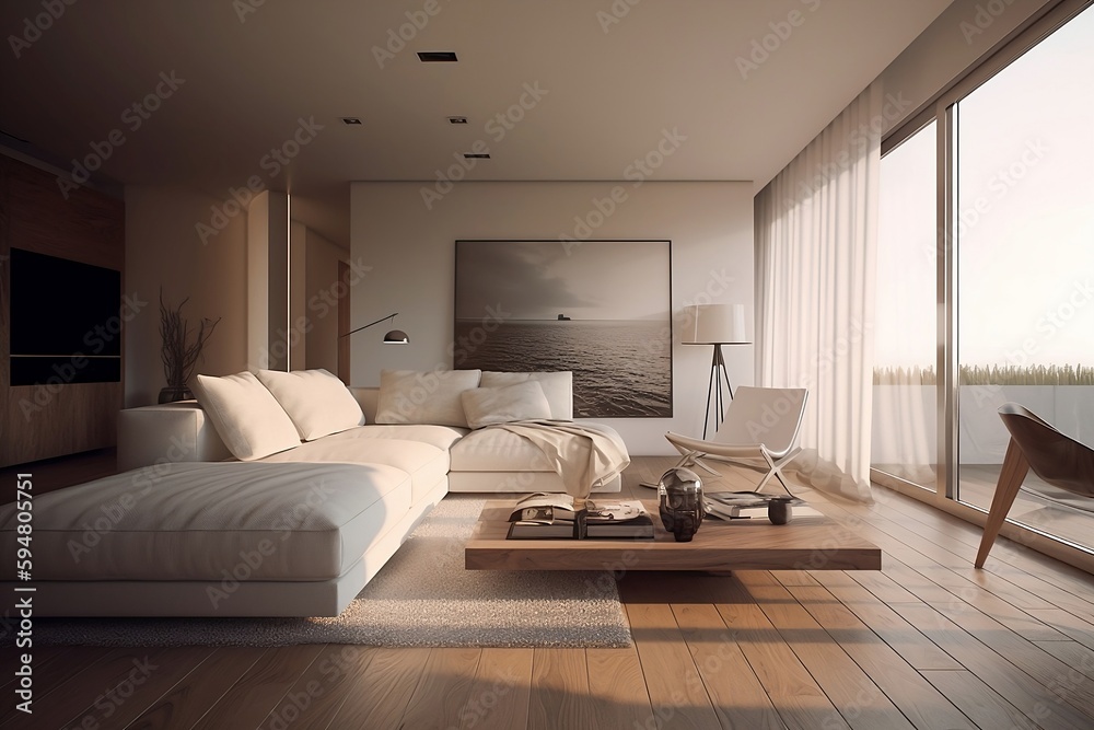 Fototapeta premium Modern and minimalistic penthouse living room with natural lighting, Created using generative AI.