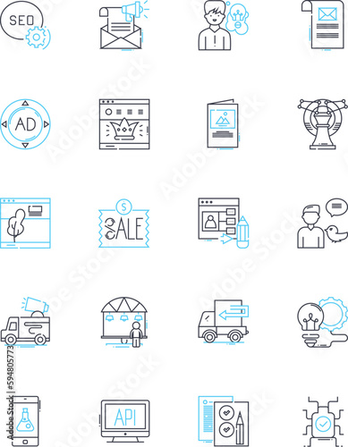 Brand activation linear icons set. Experience, Engagement, Connection, Buzz, Innovation, Impact, Strategy line vector and concept signs. Creativity,Excitement,Reach outline illustrations