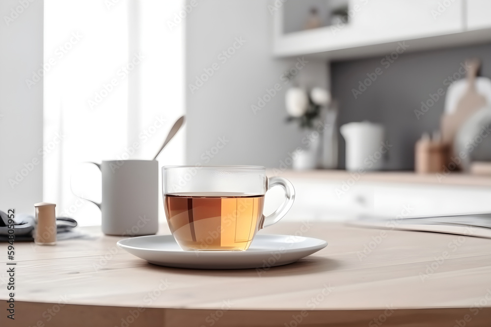 Glass cup with tea in the morning on table against white kitchen background. Generative AI Glass cup with tea in the morning on table against white kitchen background. Generative AI