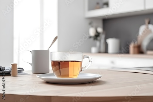 Glass cup with tea in the morning on table against white kitchen background. Generative AI