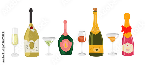 Champagne bottles with glasses set. Collection of alcoholic drinks. Cafe or restaurant menu. Holiday and festival. Wine and cognac. Cartoon flat vector illustrations isolated on white background