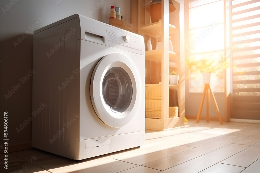 modern laundry room interior, washing machine and linen, soft sunlight from the window. Generative AI modern laundry room interior, washing machine and linen, soft sunlight from the window. Generative AI