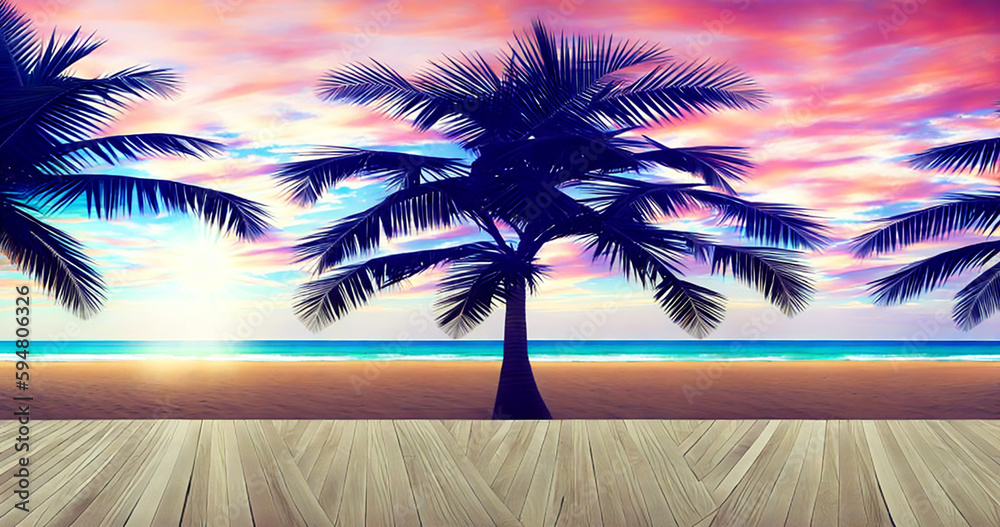 Obraz premium AIで生成した夕焼けにヤシのシルエットの海のイラスト ジェネレーティブ Generative AI